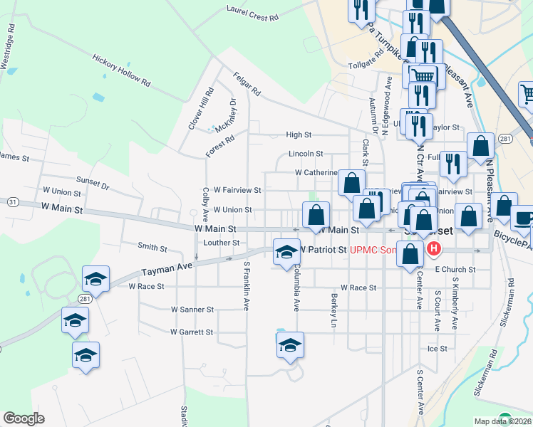 map of restaurants, bars, coffee shops, grocery stores, and more near 454 West Union Street in Somerset