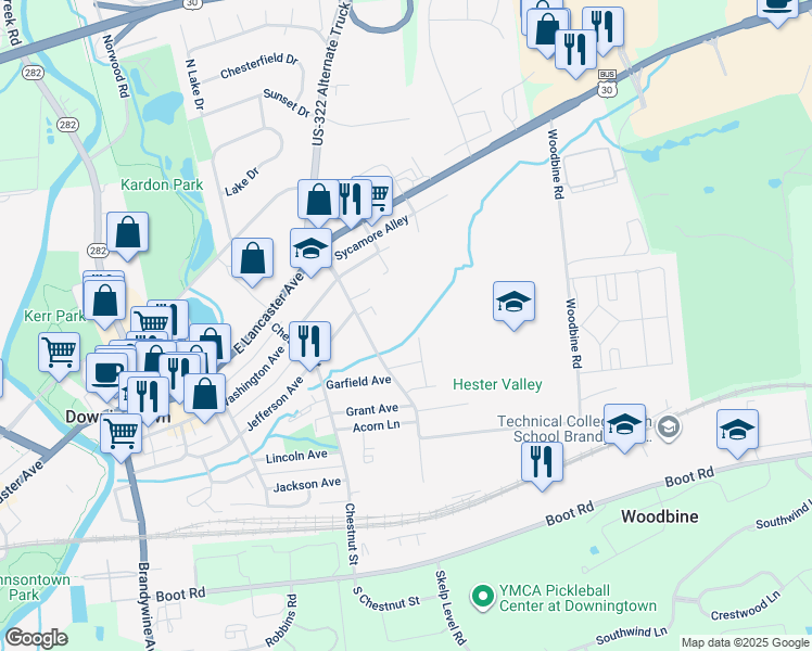 map of restaurants, bars, coffee shops, grocery stores, and more near 229 Whiteland Avenue in Downingtown
