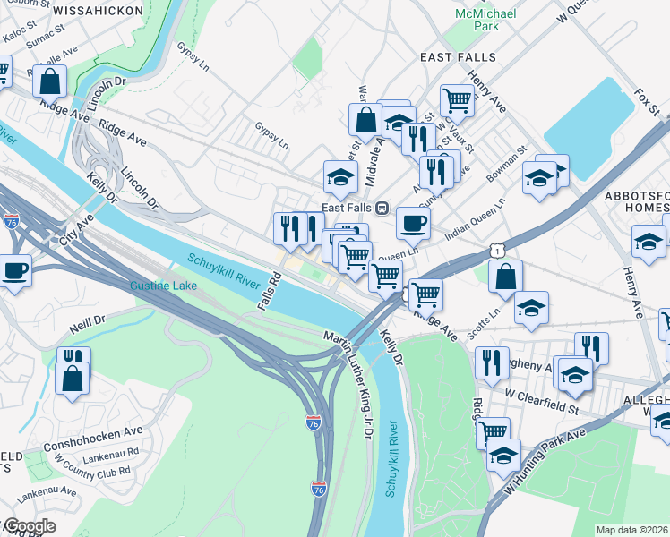 map of restaurants, bars, coffee shops, grocery stores, and more near in Philadelphia