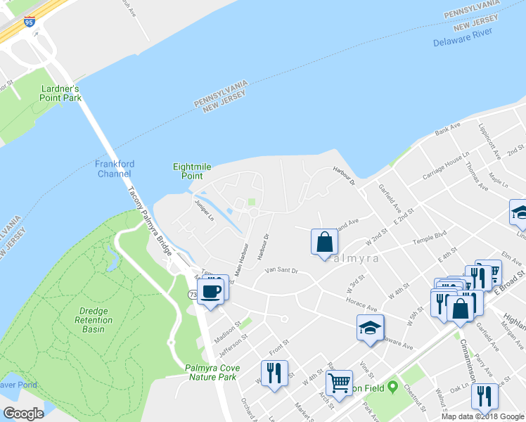 map of restaurants, bars, coffee shops, grocery stores, and more near 4153 Harbour Drive in Palmyra