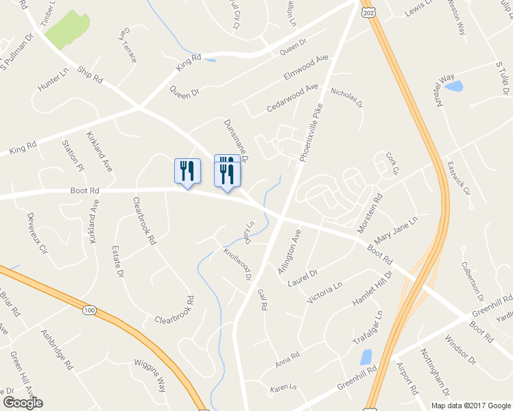 map of restaurants, bars, coffee shops, grocery stores, and more near E Boot Rd & Ship Rd in Chester
