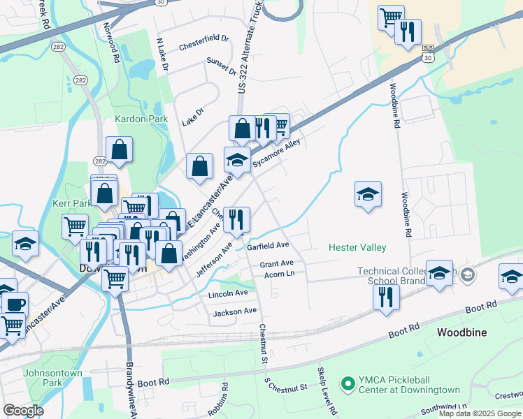 map of restaurants, bars, coffee shops, grocery stores, and more near 446 Jefferson Avenue in Downingtown