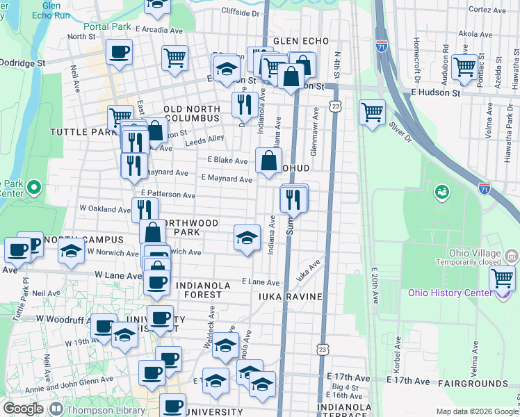 map of restaurants, bars, coffee shops, grocery stores, and more near 2254 Indianola Avenue in Columbus