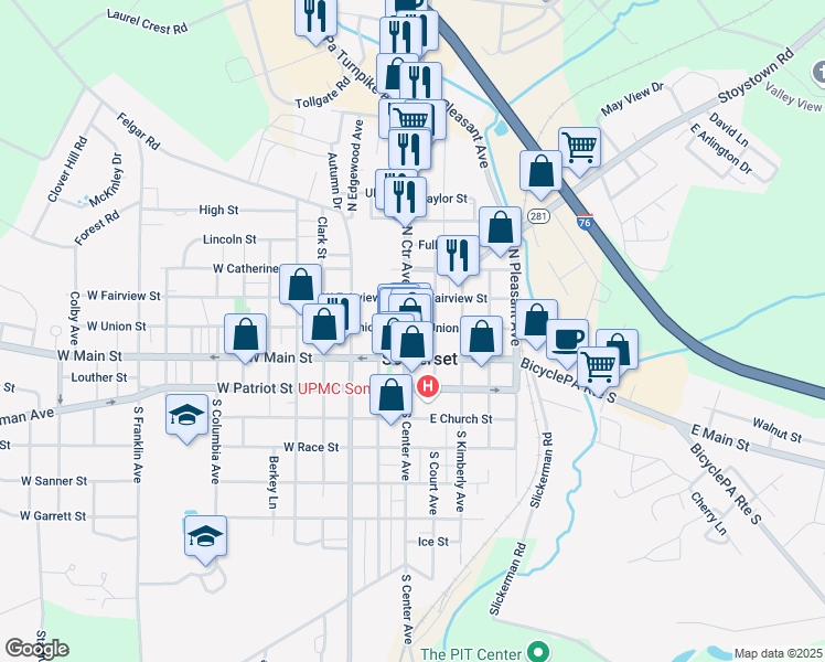 map of restaurants, bars, coffee shops, grocery stores, and more near 194 North Center Avenue in Somerset