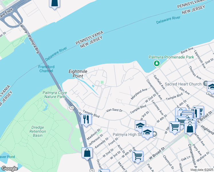 map of restaurants, bars, coffee shops, grocery stores, and more near 4075 Harbour Drive in Palmyra