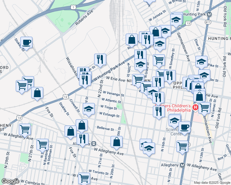 map of restaurants, bars, coffee shops, grocery stores, and more near 2037 West Venango Street in Philadelphia