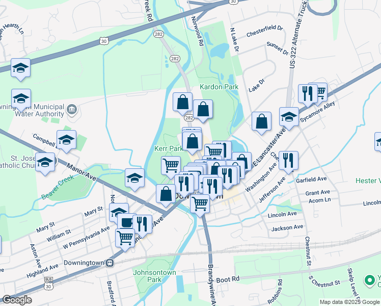 map of restaurants, bars, coffee shops, grocery stores, and more near 116 Wallace Avenue in Downingtown