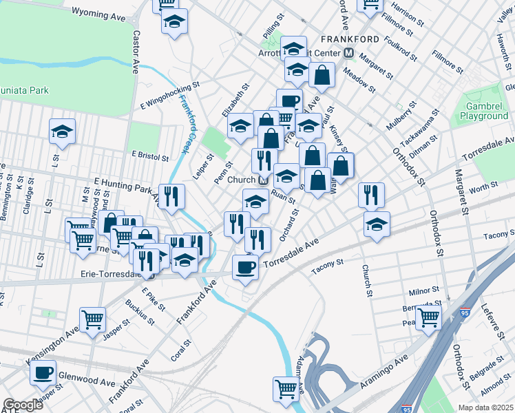 map of restaurants, bars, coffee shops, grocery stores, and more near 4223 Frankford Avenue in Philadelphia