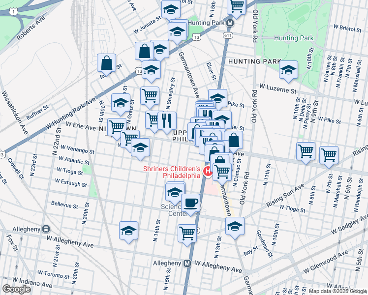 map of restaurants, bars, coffee shops, grocery stores, and more near 1512 West Erie Avenue in Philadelphia
