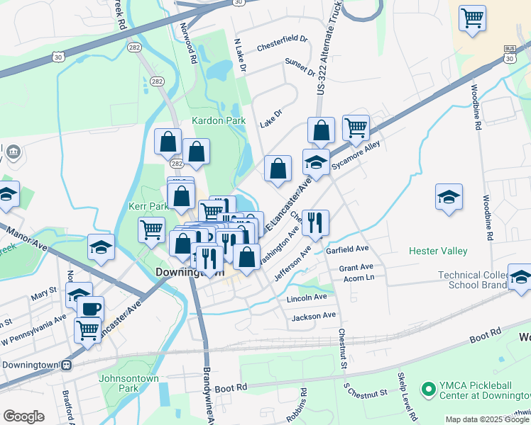map of restaurants, bars, coffee shops, grocery stores, and more near 343 East Lancaster Avenue in Downingtown