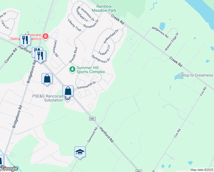 map of restaurants, bars, coffee shops, grocery stores, and more near 255 Rosebay Court in Delran