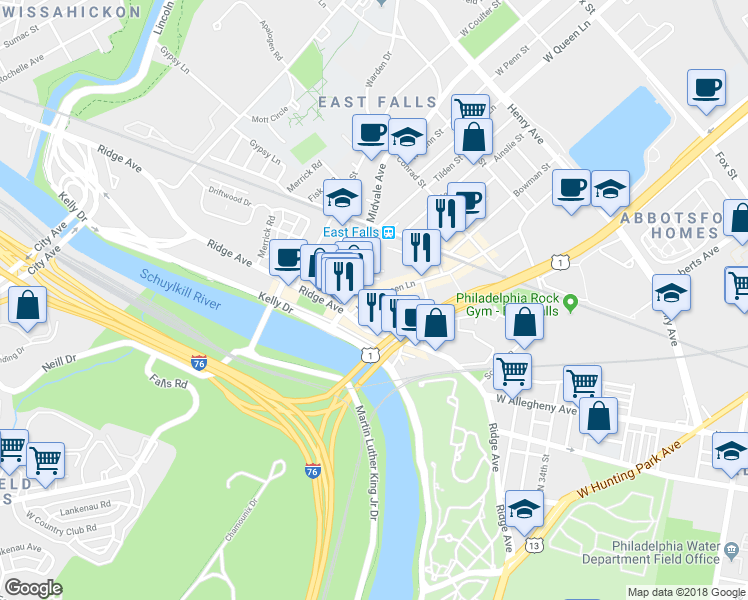 map of restaurants, bars, coffee shops, grocery stores, and more near 3666 Haywood Street in Philadelphia