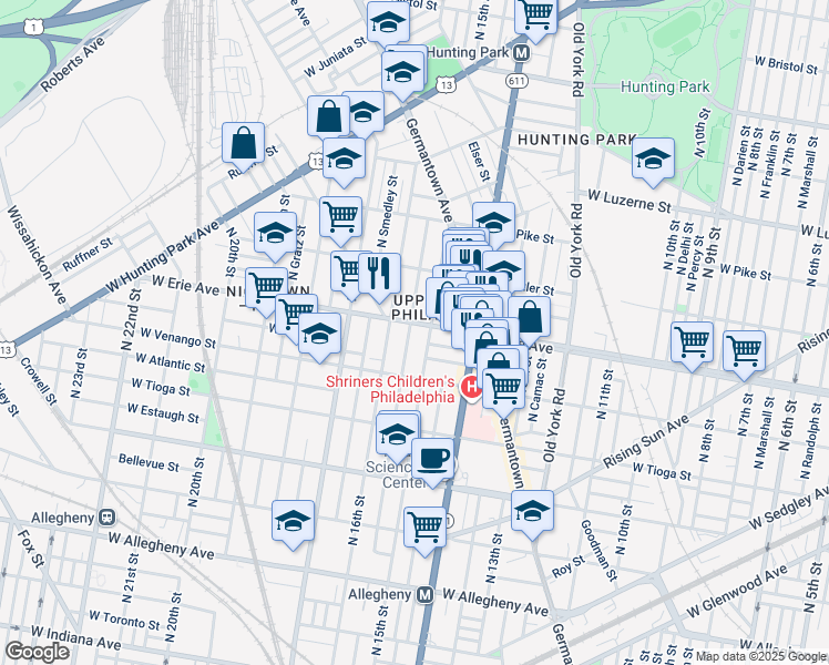 map of restaurants, bars, coffee shops, grocery stores, and more near 1516 West Erie Avenue in Philadelphia
