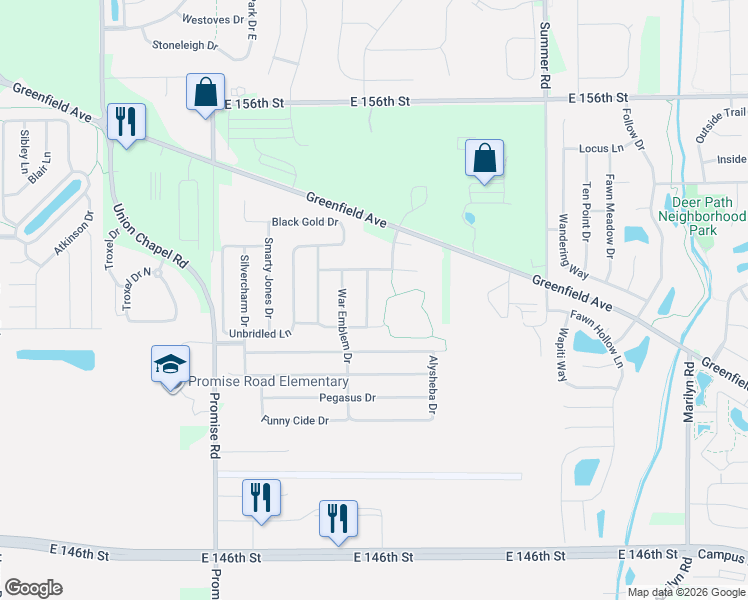 map of restaurants, bars, coffee shops, grocery stores, and more near 15178 Winning Colors Drive in Noblesville