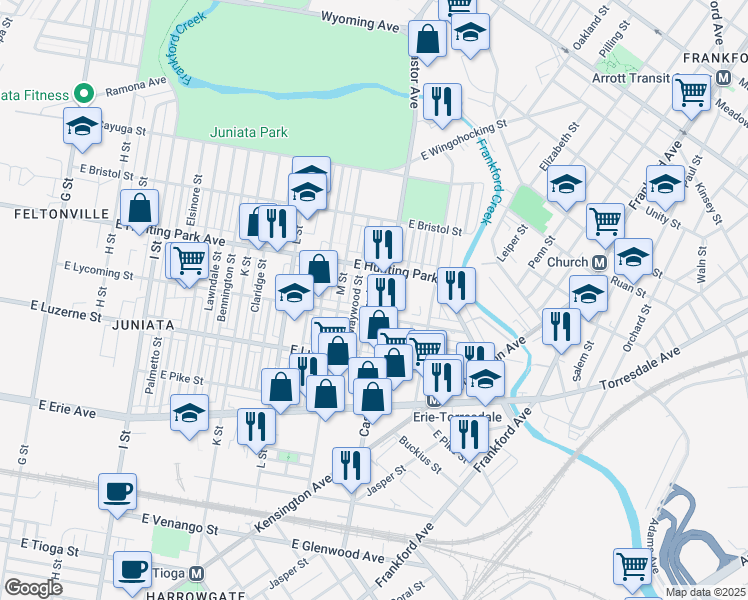 map of restaurants, bars, coffee shops, grocery stores, and more near 4123 Markland Street in Philadelphia