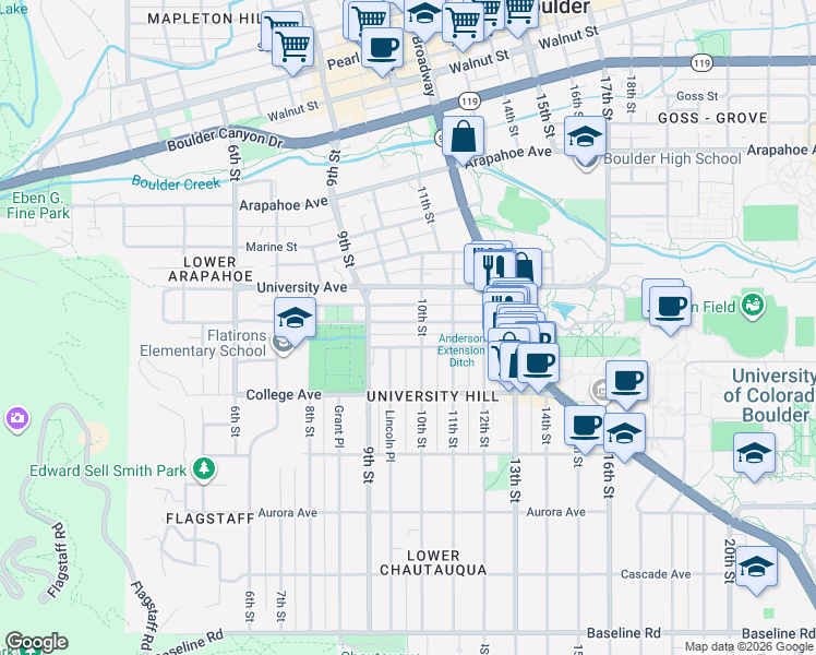 map of restaurants, bars, coffee shops, grocery stores, and more near 972 Pleasant Street in Boulder