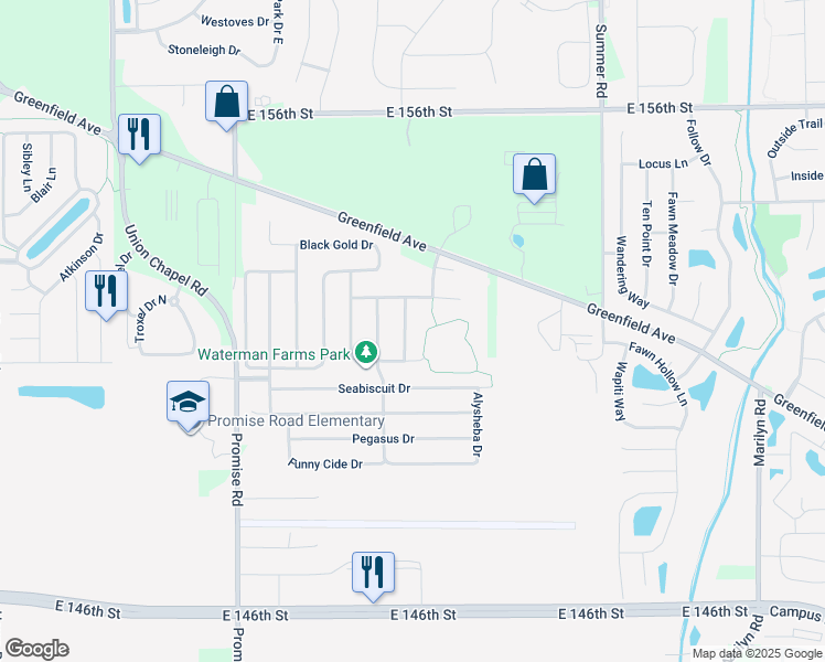 map of restaurants, bars, coffee shops, grocery stores, and more near 15178 Winning Colors Drive in Noblesville