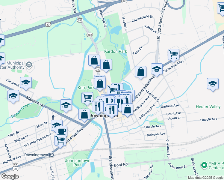map of restaurants, bars, coffee shops, grocery stores, and more near 184 East Pennsylvania Avenue in Downingtown