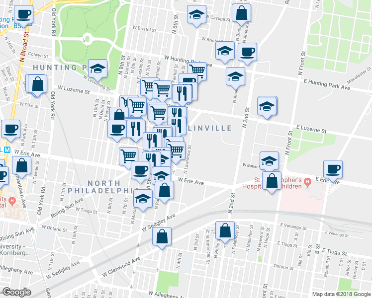 map of restaurants, bars, coffee shops, grocery stores, and more near 3840 North Lawrence Street in Philadelphia