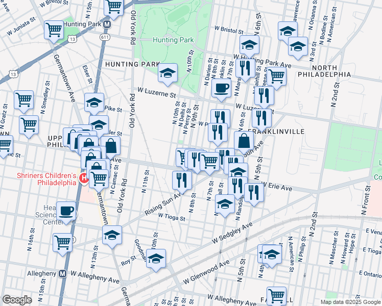 map of restaurants, bars, coffee shops, grocery stores, and more near 3745 North 9th Street in Philadelphia