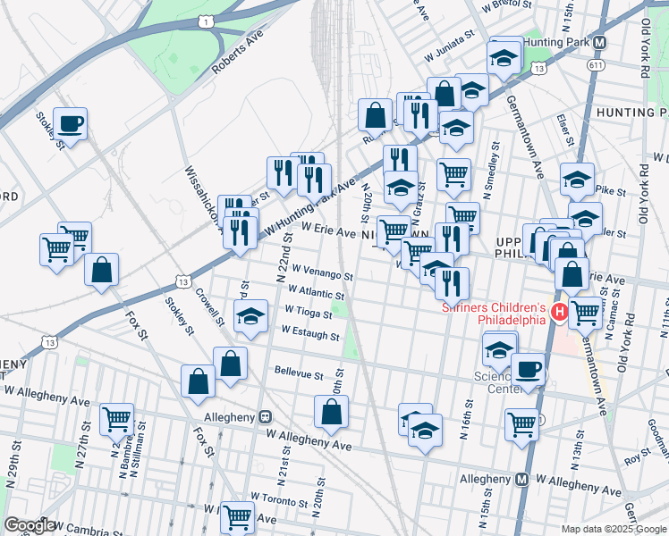 map of restaurants, bars, coffee shops, grocery stores, and more near 2025 West Venango Street in Philadelphia