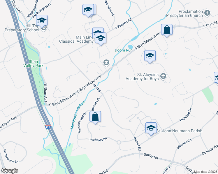 map of restaurants, bars, coffee shops, grocery stores, and more near 109 Laurier Place in Bryn Mawr