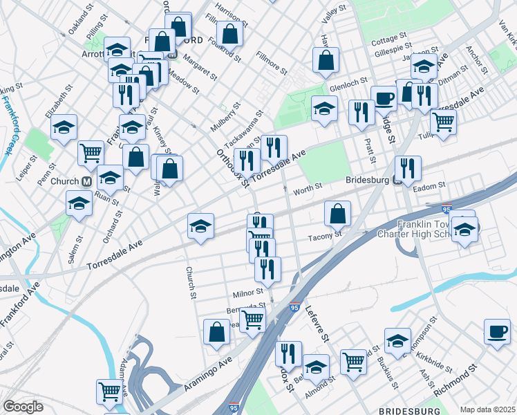 map of restaurants, bars, coffee shops, grocery stores, and more near 2125 Orthodox Street in Philadelphia