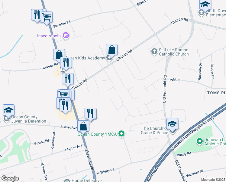 map of restaurants, bars, coffee shops, grocery stores, and more near 1580 Julia Court in Toms River