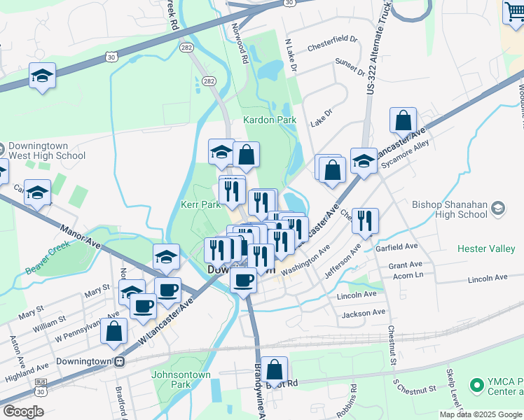 map of restaurants, bars, coffee shops, grocery stores, and more near 187 East Pennsylvania Avenue in Downingtown