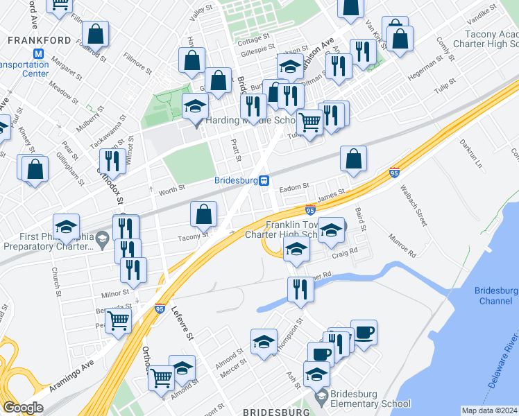 map of restaurants, bars, coffee shops, grocery stores, and more near 5112 James Street in Philadelphia