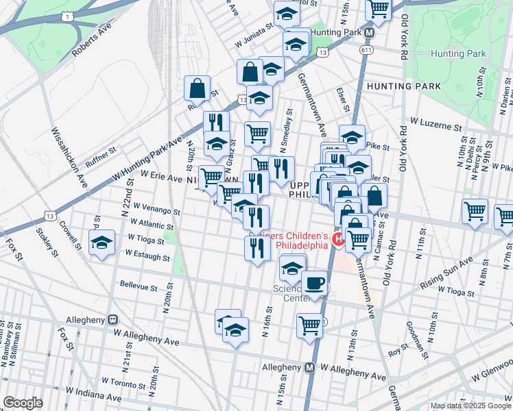map of restaurants, bars, coffee shops, grocery stores, and more near 3636 North 17th Street in Philadelphia
