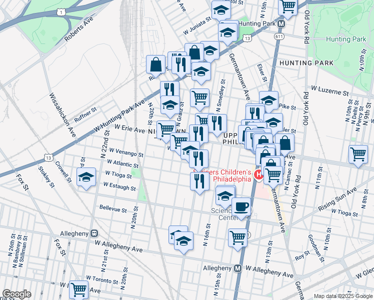 map of restaurants, bars, coffee shops, grocery stores, and more near 3631 North 18th Street in Philadelphia