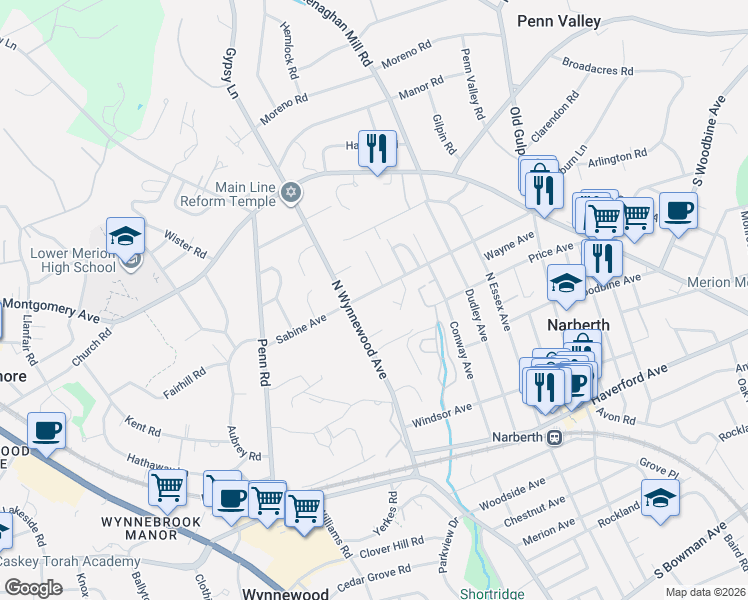 map of restaurants, bars, coffee shops, grocery stores, and more near 16 Sabine Avenue in Narberth