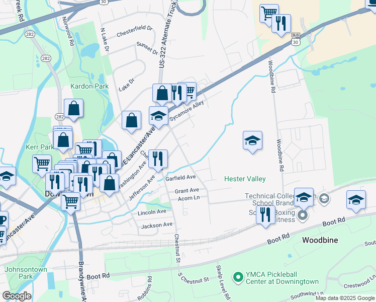 map of restaurants, bars, coffee shops, grocery stores, and more near 217 Whiteland Avenue in Downingtown