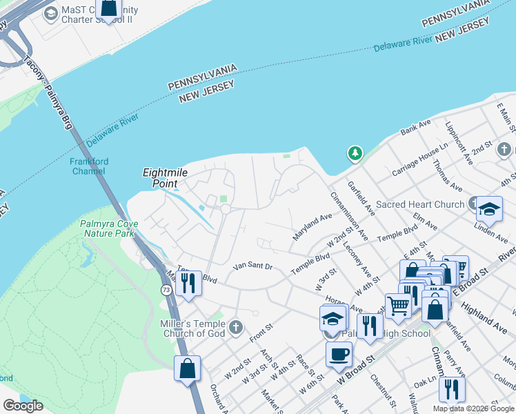map of restaurants, bars, coffee shops, grocery stores, and more near 2011 Harbour Drive in Palmyra