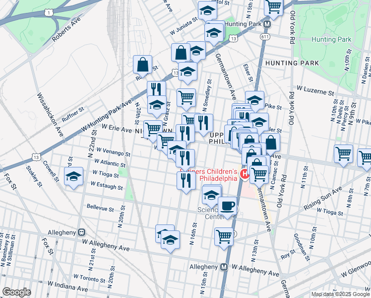 map of restaurants, bars, coffee shops, grocery stores, and more near 3636 North 17th Street in Philadelphia