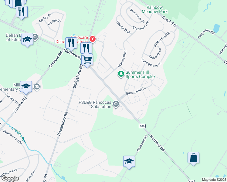 map of restaurants, bars, coffee shops, grocery stores, and more near 105 Hartford Road in Delran