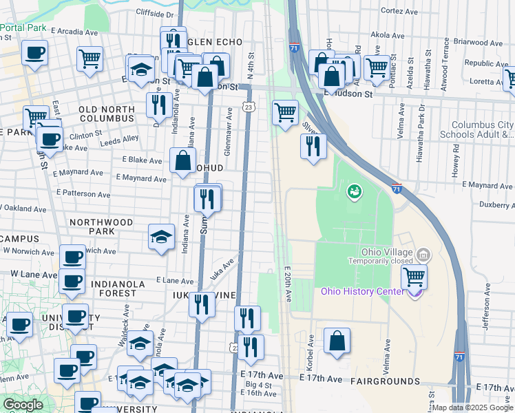 map of restaurants, bars, coffee shops, grocery stores, and more near 490 East Oakland Avenue in Columbus