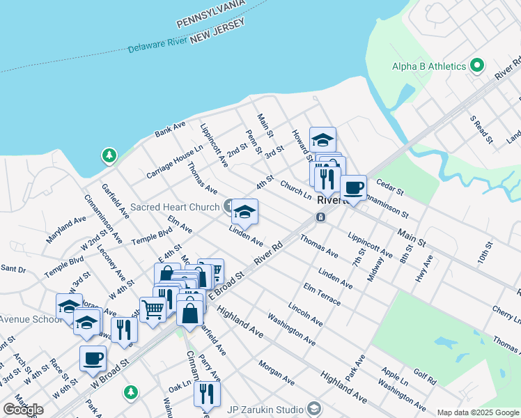 map of restaurants, bars, coffee shops, grocery stores, and more near 411 Thomas Avenue in Riverton