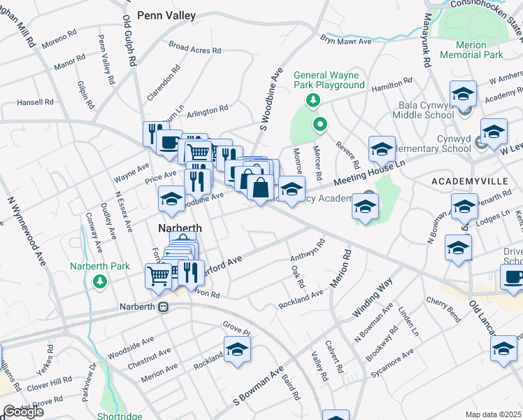 map of restaurants, bars, coffee shops, grocery stores, and more near 650 Montgomery Avenue in Narberth