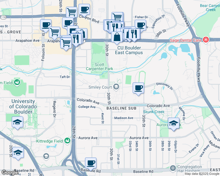 map of restaurants, bars, coffee shops, grocery stores, and more near 1301 30th Street in Boulder