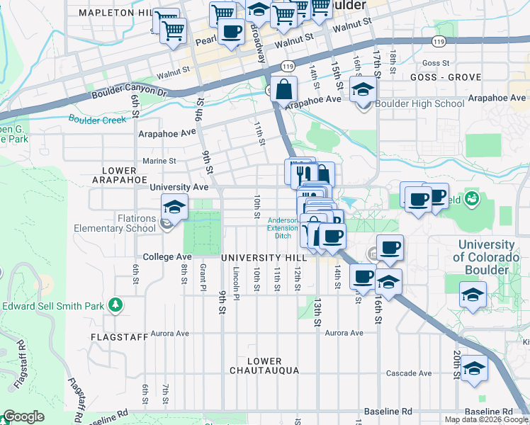 map of restaurants, bars, coffee shops, grocery stores, and more near 1043 Pleasant Street in Boulder