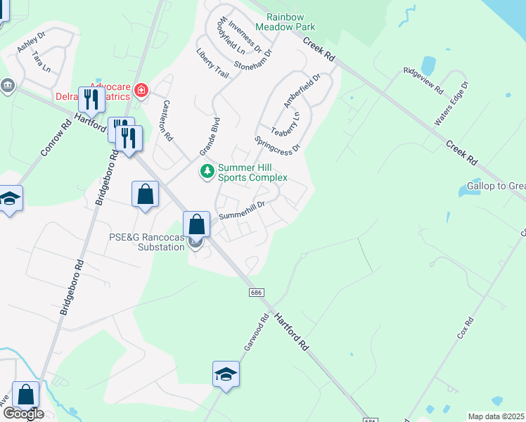 map of restaurants, bars, coffee shops, grocery stores, and more near 7 Weatherly Road in Delran