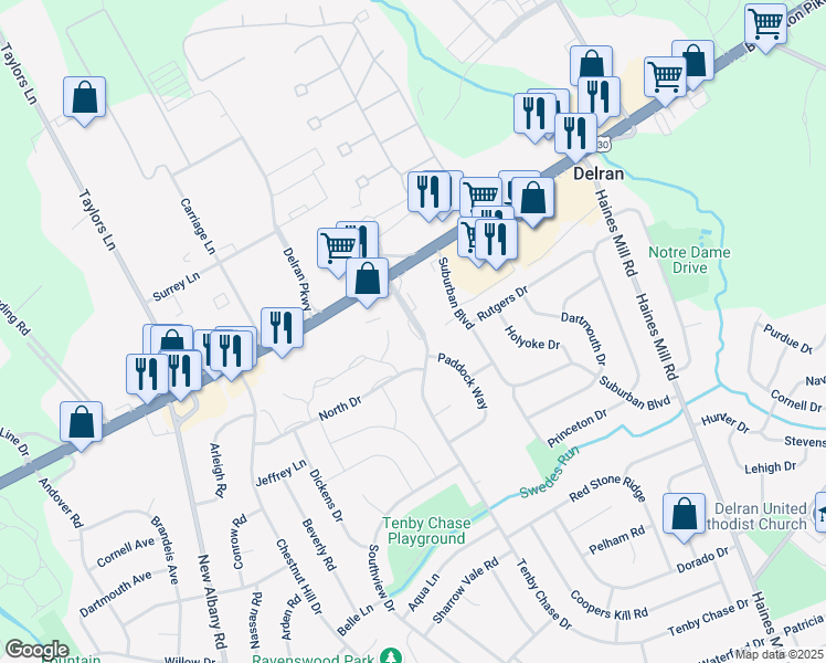 map of restaurants, bars, coffee shops, grocery stores, and more near Tenbytowne Apartments Road in Delran
