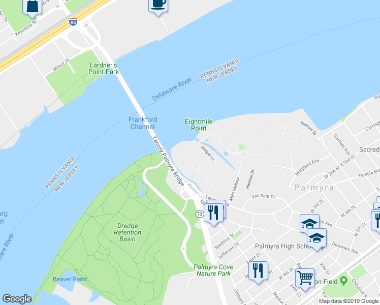 map of restaurants, bars, coffee shops, grocery stores, and more near 6609 Riverfront Drive in Palmyra