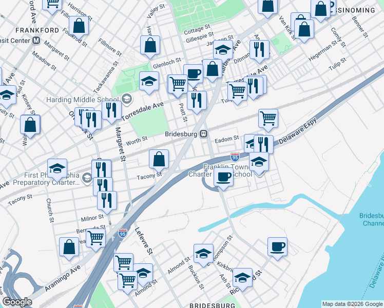 map of restaurants, bars, coffee shops, grocery stores, and more near 2237 Pratt Street in Philadelphia