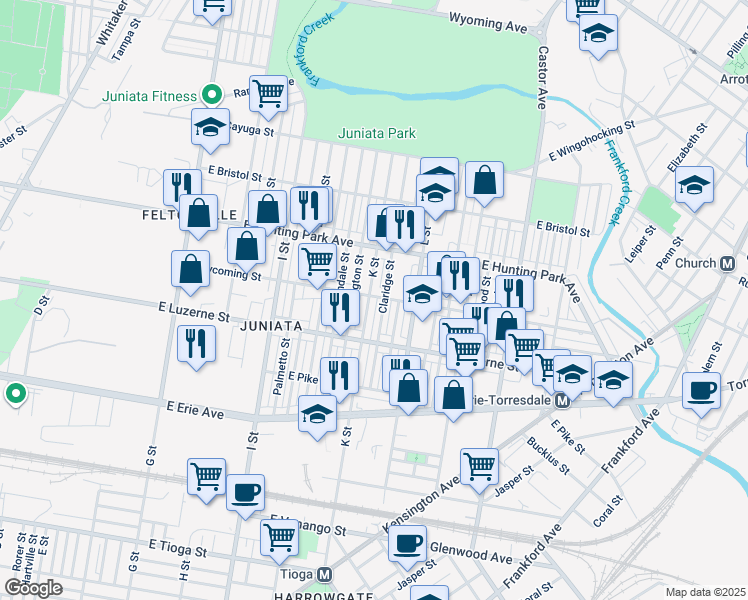 map of restaurants, bars, coffee shops, grocery stores, and more near 4057 K Street in Philadelphia