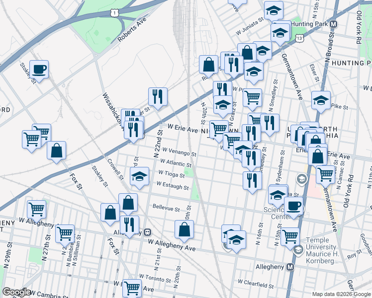 map of restaurants, bars, coffee shops, grocery stores, and more near 2023 West Venango Street in Philadelphia