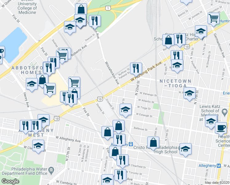 map of restaurants, bars, coffee shops, grocery stores, and more near 2383 West Hunting Park Avenue in Philadelphia