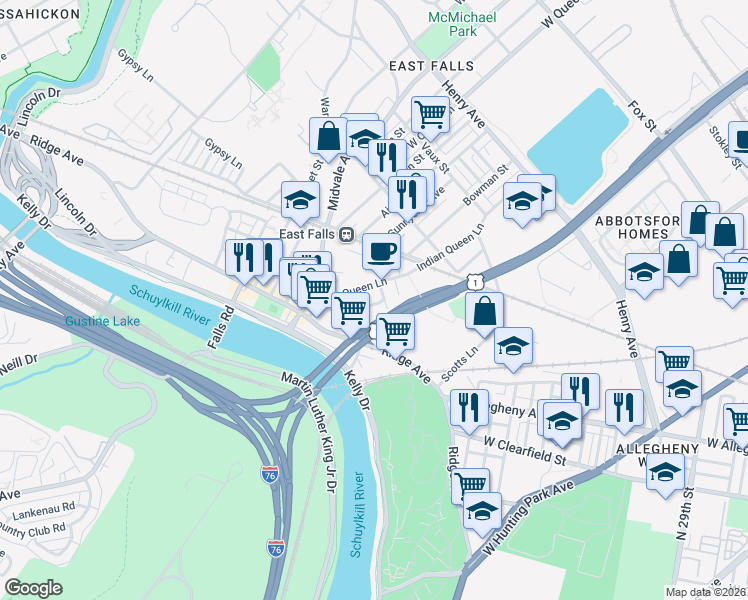 map of restaurants, bars, coffee shops, grocery stores, and more near 3601 Haywood Street in Philadelphia
